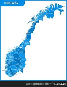 The detailed map of the Norway with regions or states and cities, capitals