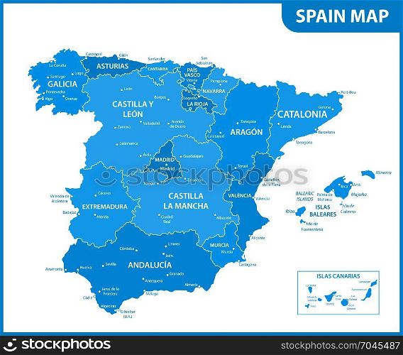 The detailed map of the Spain with regions or states and cities, capitals