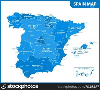 The detailed map of the Spain with regions or states and cities, capitals