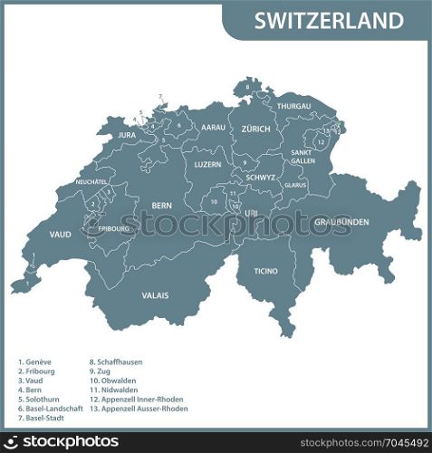 The detailed map of the Switzerland with regions or states