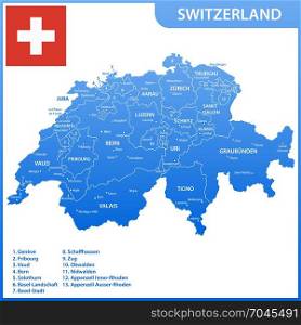 The detailed map of the Switzerland with regions or states and cities, capitals, national flag