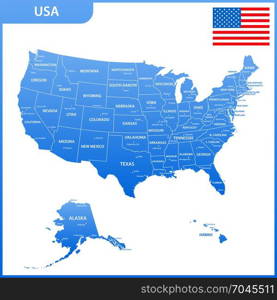The detailed map of the USA with regions or states and cities, capital. United States of America with national flag
