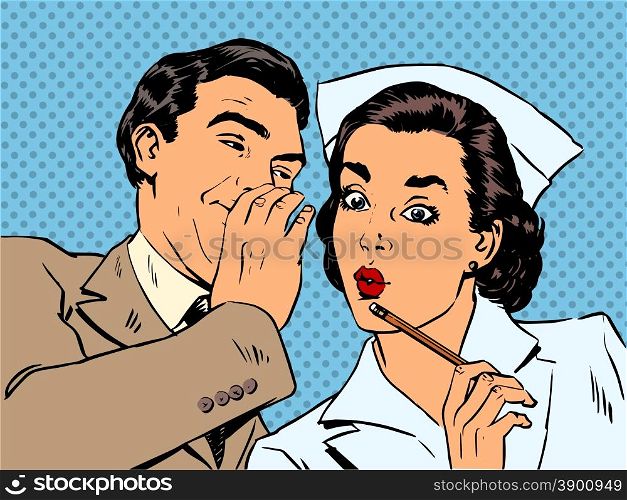 The diagnosis of the patient, nurse and male gossip surprise conversation flirting relationship doctor medicine health Halftone style art pop retro