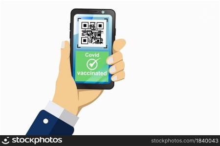 The digital green pass. QR code on the screen of a mobile. handholds the smartphone on white background. vaccination certificate Immunity from Covid-19. Travel without restrictions worldwide online.