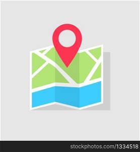 The direction of travel on the map is indicated by a red pointer. Map with pointer symbol. Navigator or guide. Vector illustration EPS 10