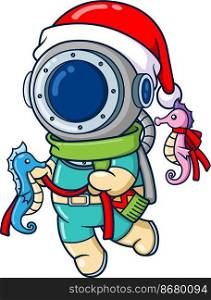 The diver is playing with the sea horse in the ocean while wearing santa hat