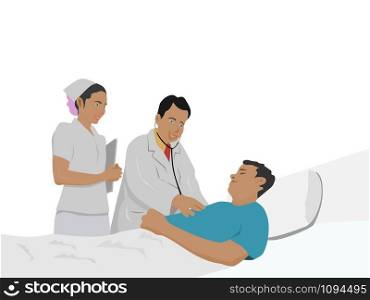 The doctor and the female assistant are examining the patient lying on the hospital bed with white background