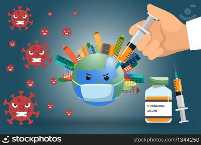 The doctor is carrying a vaccine syringe for the world at the outbreak of the coronavirus or Covid-19. The world are protect coronavirus concept vector illustration, Covid-19 outbreak.