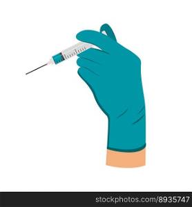 The doctor is holding a syringe. A hand in a medical glove. A shot of a vaccine, an antidote. The concept of medicine and medicines. Flat vector illustration. The doctor is holding a syringe. A hand in a medical glove. A shot of a vaccine, an antidote. The concept of medicine and medicines. Flat vector illustration.