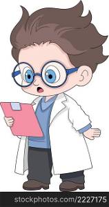 the doctor is holding the patient’s data for examination, facial expression is surprised and thinking, cartoon flat illustration
