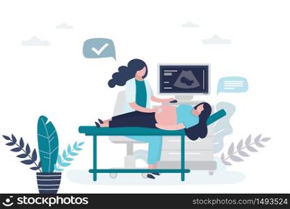 The doctor makes an ultrasound to a pregnant woman. Clinical examination, prenatal health care concept. Female characters in trendy style. Vector illustration