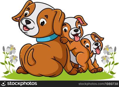 The dog and two puppies are playing together of illustration