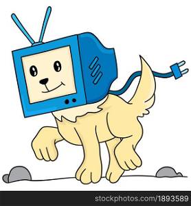 the dog is running with the television on its head. cartoon illustration cute sticker