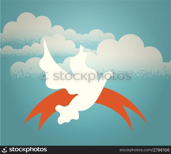 The dove hovering in the sky against a background of clouds. Retro illustration.