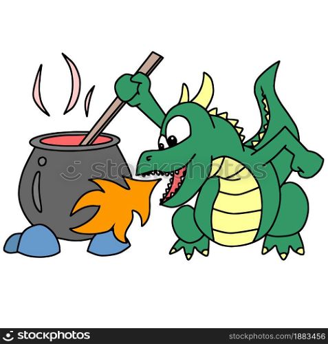 the dragon is spitting fire for cooking. cartoon illustration sticker emoticon