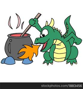 the dragon is spitting fire for cooking. cartoon illustration sticker emoticon