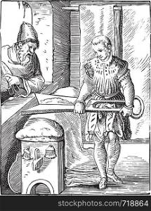 The draper in the sixteenth century, after an engraving of the time, vintage engraved illustration. Industrial encyclopedia E.-O. Lami - 1875.