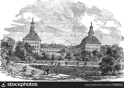 The ducal palace or Schloss Friedenstein or Friedenstein castle, in Gotha, Germany, during the 1890s, vintage engraving. Old engraved illustration of ducal palace with people in front.