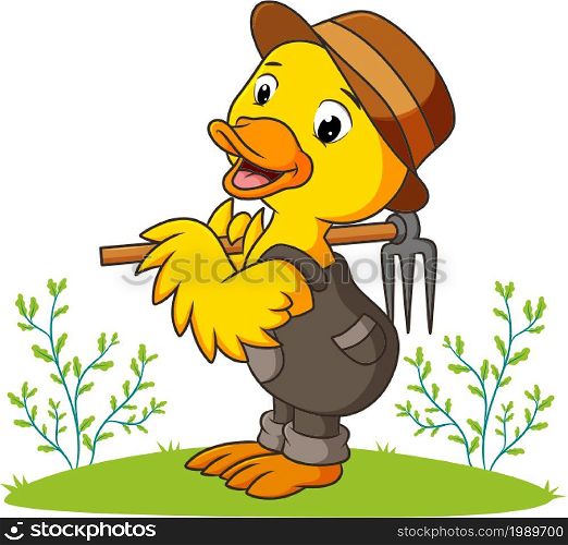 The duck farmer is holding the rake of illustration