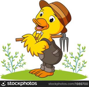 The duck farmer is holding the rake of illustration