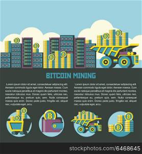 The dump truck carries the bitcoins to the background servers. Set of emblems.Trolley with bitcoins, wallet with bitcoins, stack of coins, dump truck with bitcoins.