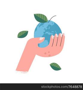 The earth is like an apple in your hand. Vector illustration on a white background. For vegan day. Flat design.. World vegan day. Vector illustration, poster.