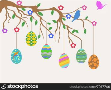 the easter card design of easter egg hanging on flowers tree with birds flying