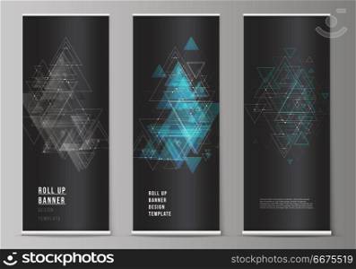 The editable vector layout of roll up banner stands, vertical flyers, flags design business templates. Polygonal background with triangles, connecting dots and lines. Connection structure.. The editable vector layout of roll up banner stands, vertical flyers, flags design business templates. Polygonal background with triangles, connecting dots and lines. Connection structure