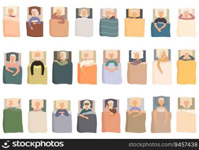 The elderly are sleeping icons set cartoon vector. Old people. Bed husband. The elderly are sleeping icons set cartoon vector. Old people