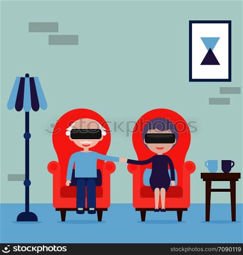 The elderly feel young in virtual reality. Grandmother and grandfather with virtual reality headset at home in the armchair. Virtual reality concept. Vector illustration.