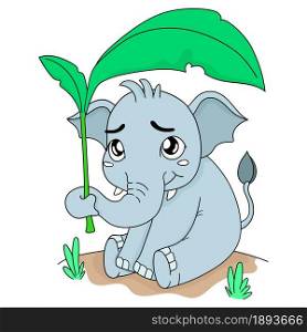 the elephant is using banana leaves as an umbrella. vector illustration cartoon character