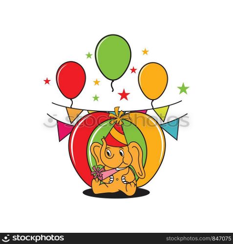 The elephant mascot character who is in the party, wearing a hat and blowing the party trumpet