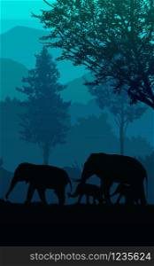 The elephants in the forest Natural jungle green mountains horizon trees Landscape wallpaper Sunrise and sunset Illustration vector style Colorful view background