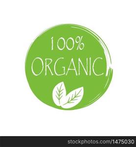 "The emblem is a green round sign with the original white inscription "100% organic", with the image of white leaves. Vector illustration. Stock Photo."