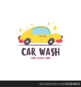 The emblem of the car wash. Vector illustration in cartoon style. The car sparkles with cleanliness.