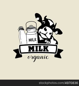 The emblem of the cow and the milk. Vector black-and-white sign for milk producers and dairy products.