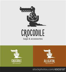 The emblem shop leather accessories. Vector illustration of an alligator with a bag. Leather bags, accessories made of crocodile leather.