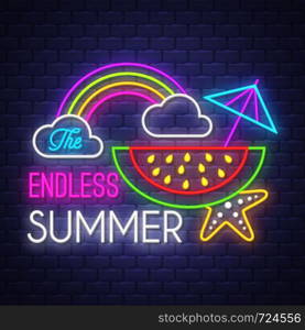 The endless summer. Summer holiday banner. Neon banner. Neon sign. Vector.