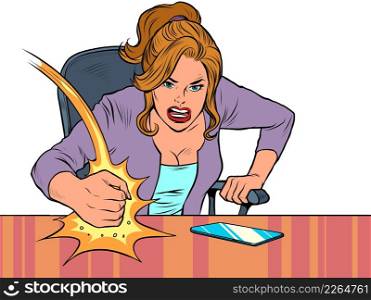 The evil businesswoman boss hits the table with his fist. Emotions in the office. Angry boss. Pop Art Retro Vector Illustration 50s 60s Vintage kitsch style. The evil businesswoman boss hits the table with his fist. Emotions in the office. Angry boss