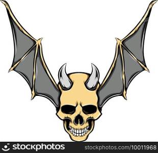 The evil head skull with the iron horns and golden bat wings