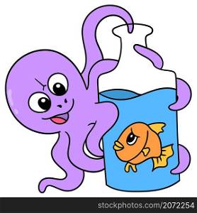 the evil octopus is in the mood to eat the small fish in the bottle