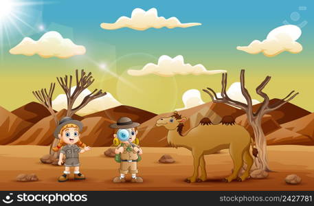 The explorer kids with a camel in the desert