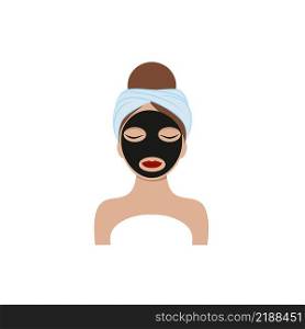 The face of a beautiful girl with a towel on her head and a black charcoal mask on her face. Vector illustration of a cartoon. The concept of body, face and eye care. Cosmetologist services.