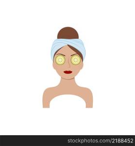 The face of a beautiful girl with a towel on her head and cucumbers in her eyes. Skin, body, face, and eye health care. Vector illustration of a cartoon. Cosmetologist services, beauty salon, Spa, beauty Studio.