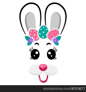 The face of the Easter bunny with a wreath of eggs on white isolated background. The face of the Easter bunny with a wreath of eggs