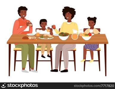 The family dines with healthy food. Relatives eat natural fresh products vector illustration. Afro american people having dinner isolated on a white background. Table with fruit, salad and sandwiches. The family dines with healthy food. Relatives eat natural fresh products vector illustration