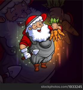 The farmer santa with a bunch of carrot esport mascot design
