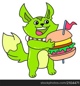 the fat fox brought a large hamburger to eat