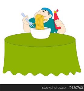 the fat man was sitting greedily eating noodles. vector design illustration art
