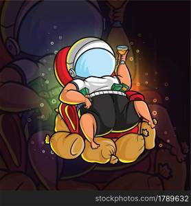 The fat man with a lot of money and using astronaut helmet of illustration